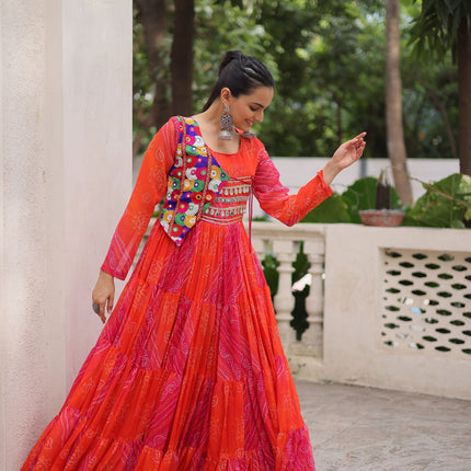 Lorenvalley Fashion Multicolor Faux Georgette Laheriya & Bandhej Print with kutchi patche work Gown