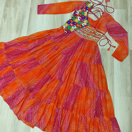 Lorenvalley Fashion Multicolor Faux Georgette Laheriya & Bandhej Print with kutchi patche work Gown