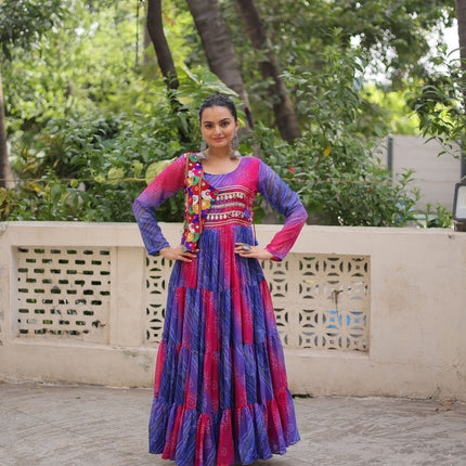 Lorenvalley Fashion Multicolor Faux Georgette Laheriya & Bandhej Print with kutchi patche work Gown