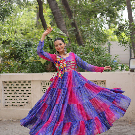 Lorenvalley Fashion Multicolor Faux Georgette Laheriya & Bandhej Print with kutchi patche work Gown