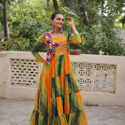 Lorenvalley Fashion Multicolor Faux Georgette Laheriya & Bandhej Print with kutchi patche work Gown