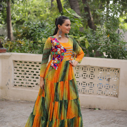 Lorenvalley Fashion Multicolor Faux Georgette Laheriya & Bandhej Print with kutchi patche work Gown