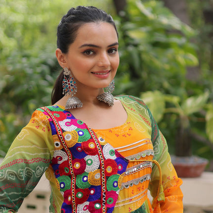 Lorenvalley Fashion Multicolor Faux Georgette Laheriya & Bandhej Print with kutchi patche work Gown