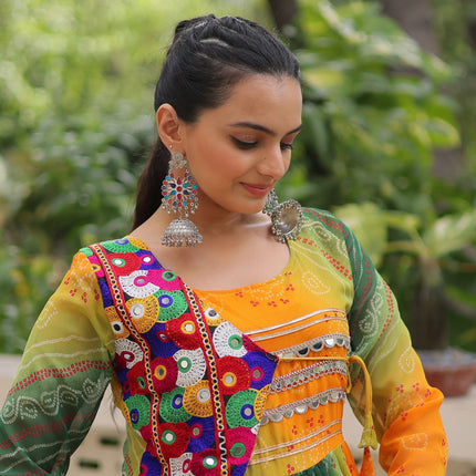 Lorenvalley Fashion Multicolor Faux Georgette Laheriya & Bandhej Print with kutchi patche work Gown