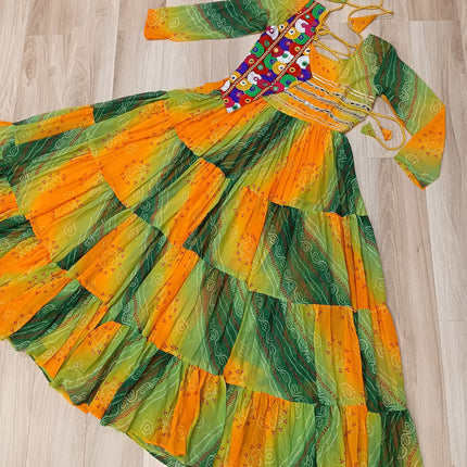 Lorenvalley Fashion Multicolor Faux Georgette Laheriya & Bandhej Print with kutchi patche work Gown