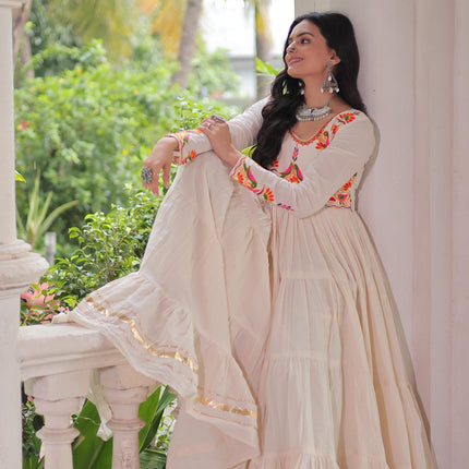 Prazu Fashion Off White Cotton With Multi Thread Embroidered Gown
