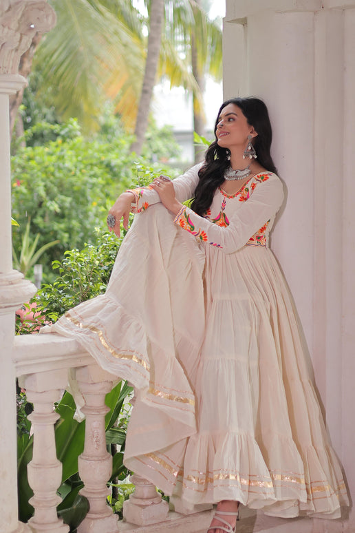 Prazu Fashion Off White Cotton With Multi Thread Embroidered Gown