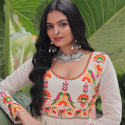 Prazu Fashion Off White Cotton With Multi Thread Embroidered Gown