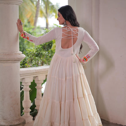 Prazu Fashion Off White Cotton With Multi Thread Embroidered Gown