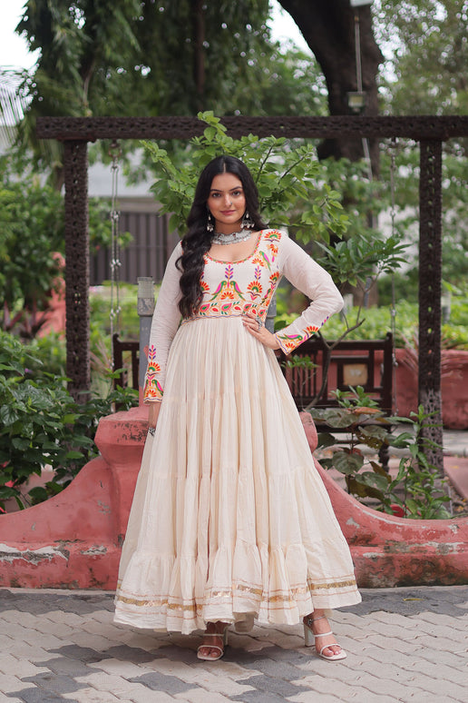 Lorenvalley Fashion Offwhite Kora Cotton with Multi Thread Embroidered & Gota patti Work Gown