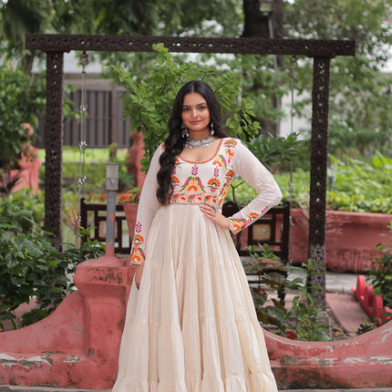 Lorenvalley Fashion Offwhite Kora Cotton with Multi Thread Embroidered & Gota patti Work Gown
