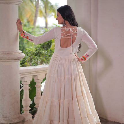 Lorenvalley Fashion Offwhite Kora Cotton with Multi Thread Embroidered & Gota patti Work Gown