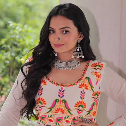 Lorenvalley Fashion Offwhite Kora Cotton with Multi Thread Embroidered & Gota patti Work Gown