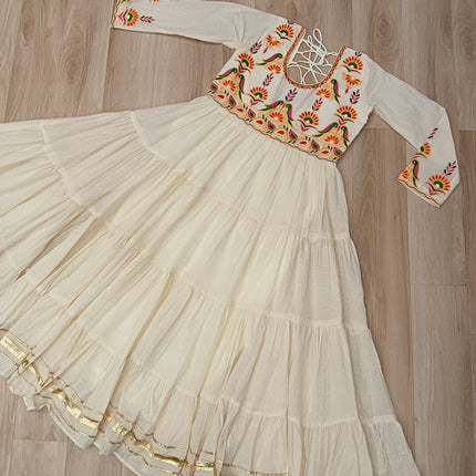 Lorenvalley Fashion Offwhite Kora Cotton with Multi Thread Embroidered & Gota patti Work Gown