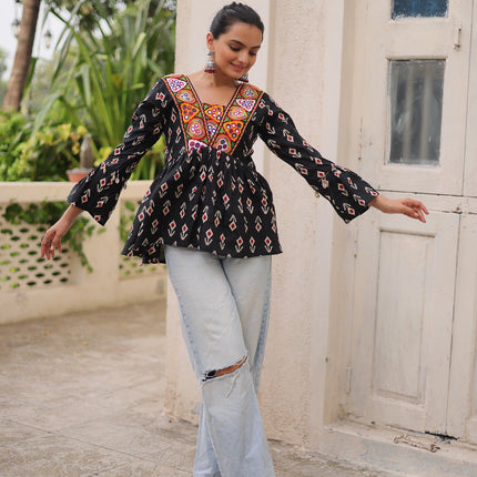 Prazu Fashion Black Cotton Print With Kutchi Patchwork Top For Navratri