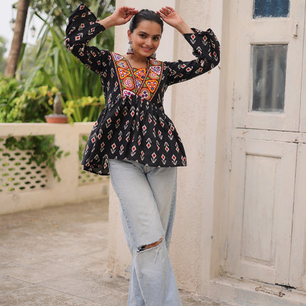 Prazu Fashion Black Cotton Print With Kutchi Patchwork Top For Navratri