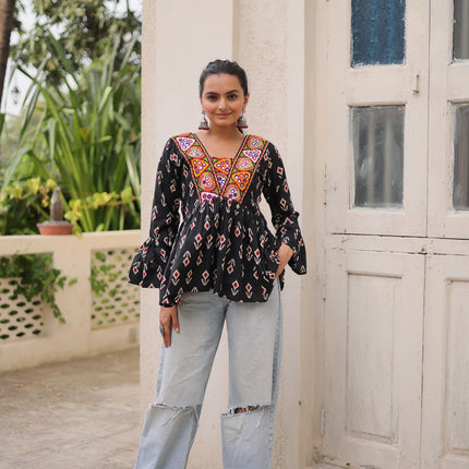 Prazu Fashion Black Cotton Print With Kutchi Patchwork Top For Navratri