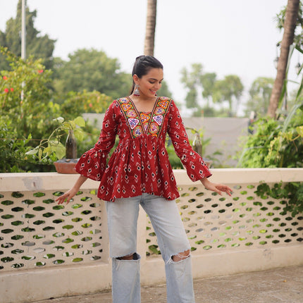 Prazu Fashion Maroon Cotton Print With Kutchi Patchwork Top For Navratri