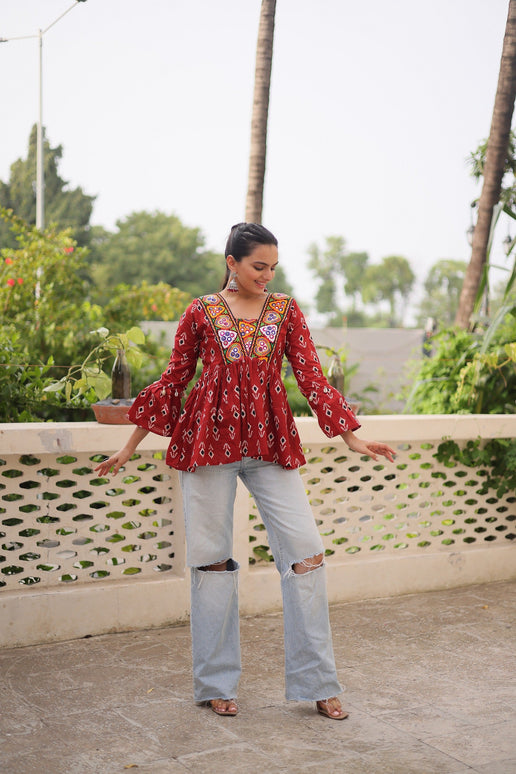 Prazu Fashion Maroon Cotton Print With Kutchi Patchwork Top For Navratri