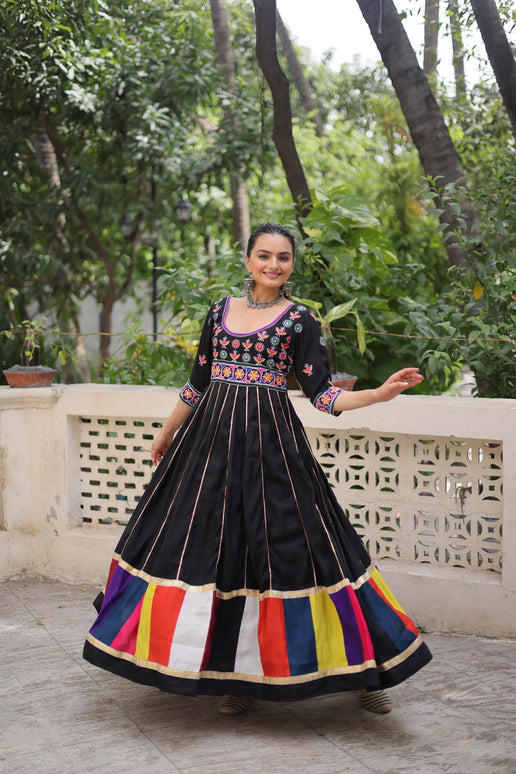 Prazu Fashion Black Roman Multicolour Thread Work & Gota Lace Gown For Navratri