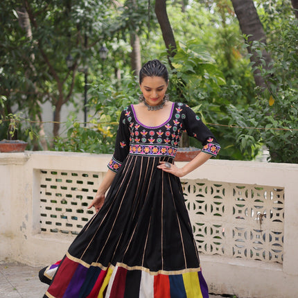 Prazu Fashion Black Roman Multicolour Thread Work & Gota Lace Gown For Navratri