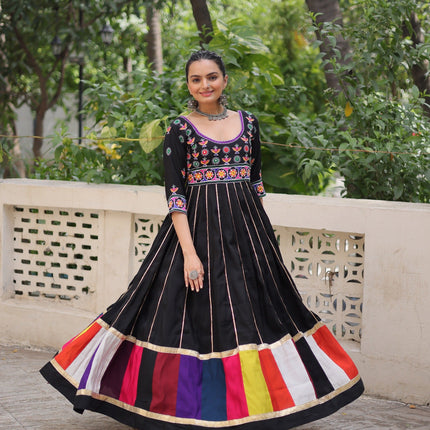Prazu Fashion Black Roman Multicolour Thread Work & Gota Lace Gown For Navratri