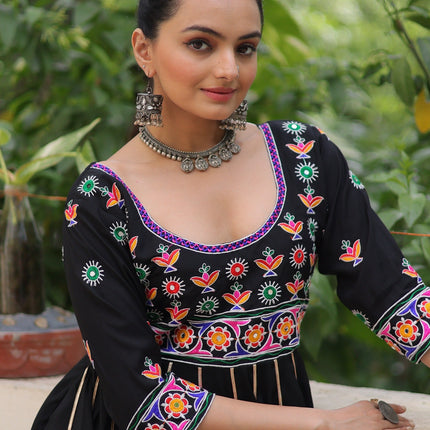 Prazu Fashion Black Roman Multicolour Thread Work & Gota Lace Gown For Navratri