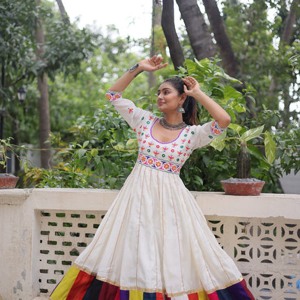 Prazu Fashion Off White Roman Multicolour Thread Work & Gota Lace Gown For Navratri