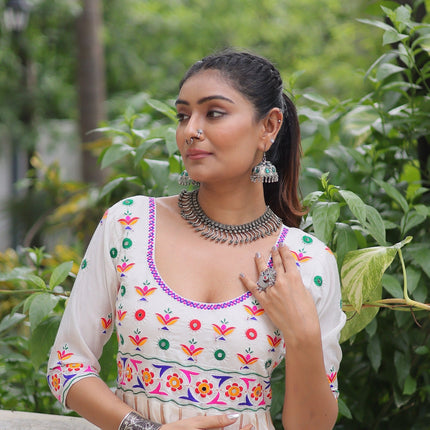 Prazu Fashion Off White Roman Multicolour Thread Work & Gota Lace Gown For Navratri