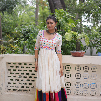 Prazu Fashion Off White Roman Multicolour Thread Work & Gota Lace Gown For Navratri