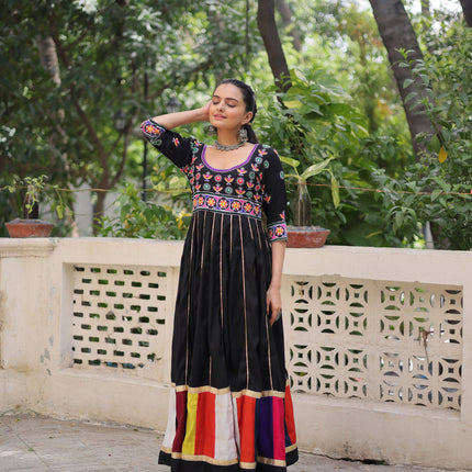 Lorenvalley Fashion Black Roman Silk with Thread work & Gota Lace embellished Work Gown