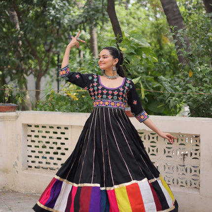 Lorenvalley Fashion Black Roman Silk with Thread work & Gota Lace embellished Work Gown