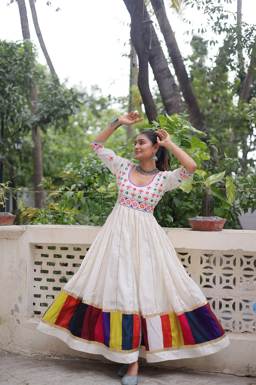 Lorenvalley Fashion White Roman Silk with Thread work & Gota Lace embellished Work Gown