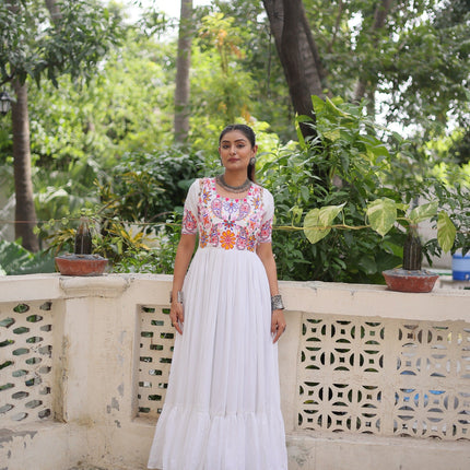 Prazu Fashion Off White Rayon With Kutchi Gamthi Embroidered Gown For Navratri