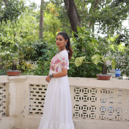 Prazu Fashion Off White Rayon With Kutchi Gamthi Embroidered Gown For Navratri