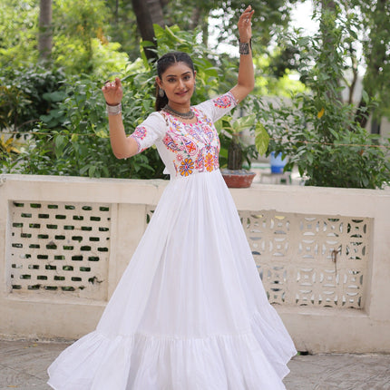 Prazu Fashion Off White Rayon With Kutchi Gamthi Embroidered Gown For Navratri