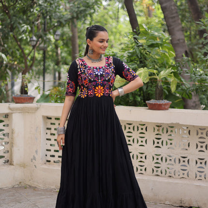 Lorenvalley Fashion Black Rayon with Kutchi Gamthi Embroidered Thread Work Gown