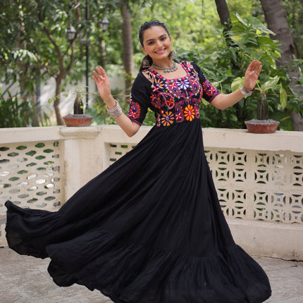 Lorenvalley Fashion Black Rayon with Kutchi Gamthi Embroidered Thread Work Gown