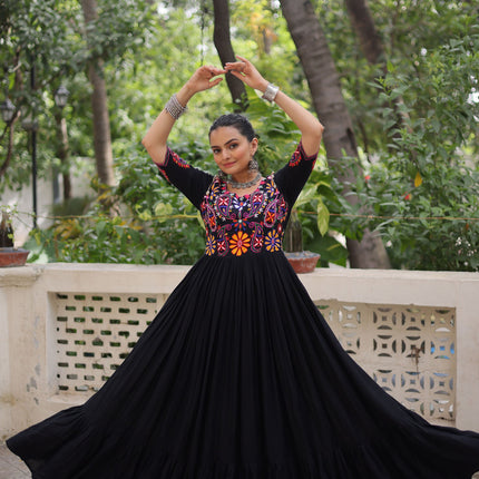 Lorenvalley Fashion Black Rayon with Kutchi Gamthi Embroidered Thread Work Gown
