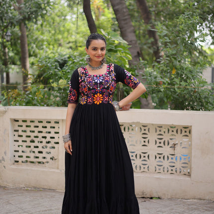 Lorenvalley Fashion Black Rayon with Kutchi Gamthi Embroidered Thread Work Gown