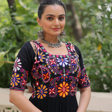 Lorenvalley Fashion Black Rayon with Kutchi Gamthi Embroidered Thread Work Gown