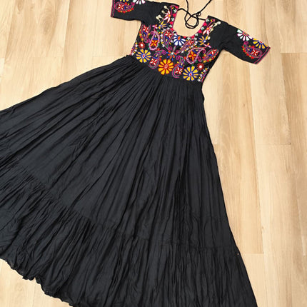 Lorenvalley Fashion Black Rayon with Kutchi Gamthi Embroidered Thread Work Gown