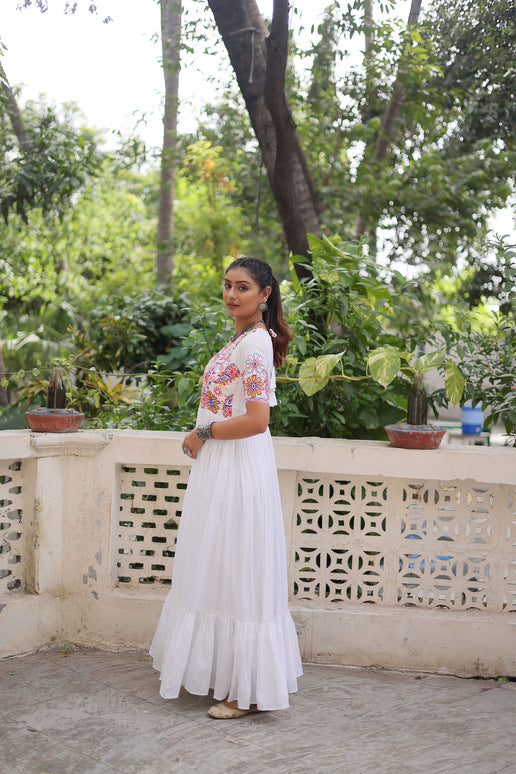 Lorenvalley Fashion White Rayon with Kutchi Gamthi Embroidered Thread Work Gown