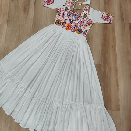 Lorenvalley Fashion White Rayon with Kutchi Gamthi Embroidered Thread Work Gown