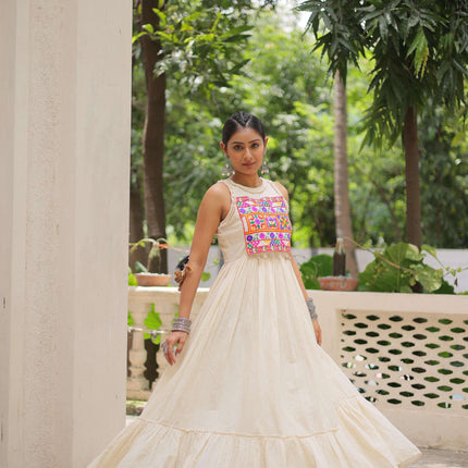 Prazu Fashion Off White Kora Cotton With Multi Thread Embroidered Work Gown