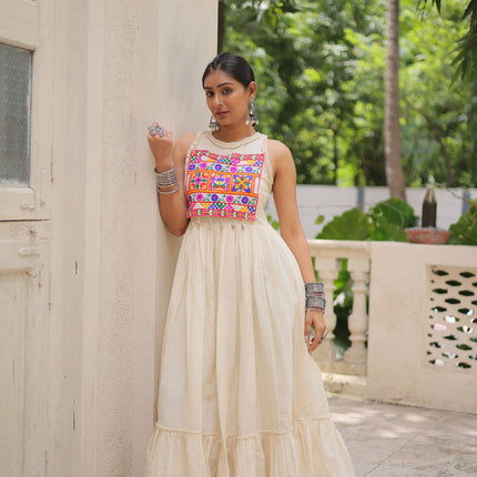 Lorenvalley Fashion Offwhite Kora Cotton with Multi Thread Embroidered Work Gown