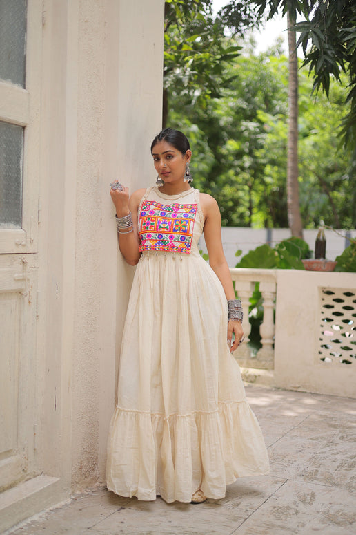 Lorenvalley Fashion Offwhite Kora Cotton with Multi Thread Embroidered Work Gown