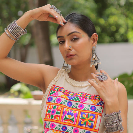 Lorenvalley Fashion Offwhite Kora Cotton with Multi Thread Embroidered Work Gown