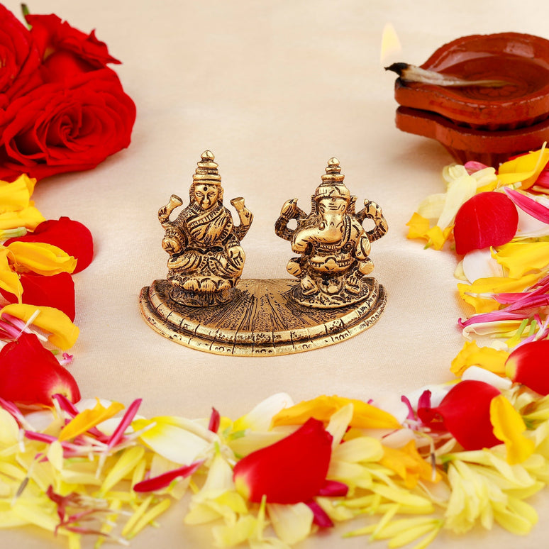 Estele Gold-Polished Goddess Laxmi & Lord Ganapati Idol for Pooja & Car Decor