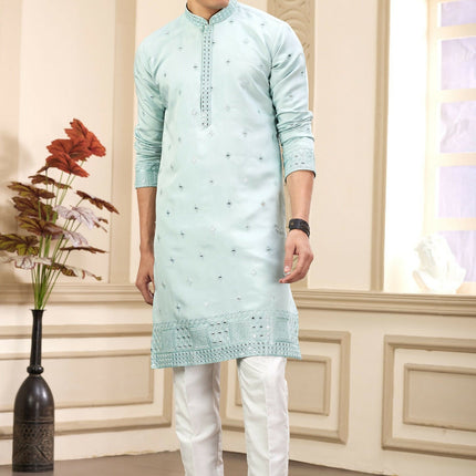 Raivat Ethnic Men's Art Silk Thread Work Kurta Pyjama In Pista Green Colour